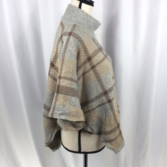 Note di Anita Poncho Sweater OS Plaid Merino Wool Cashmere Blend Mock Neck - Picture 2 of 7